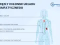 Ilustracja schematyczna układu limfatycznego człowieka z zaznaczonymi węzłami chłonnymi.