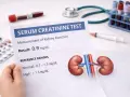 Wynik badania kreatynina w surowicy 0.9 mg/dL, wskazujący na prawidłową funkcję nerek. Obok wyniki badań, strzykawka, leki i stetoskop.
