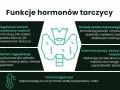 Grafika przedstawia tarczycę i ikony symbolizujące jej funkcje: metabolizm, układ nerwowy, wzrost, serce i termoregulację.