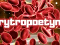 Czerwone krwinki i napis "Erytropoetyna" na ciemnym tle.