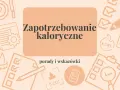 Grafika z ikonami związanymi z kaloriami, dietą i obliczeniami.