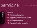Grafika przedstawia nazwę "Spermidine", wzór chemiczny, kapsułkę "VITALITY" i listę korzyści.
