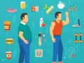 Dwa mężczyźni, jeden z nadwagą, drugi wysportowany, otoczeni symbolami zdrowego stylu życia i niezdrowej diety. Klucz do dobrego metabolizmu.