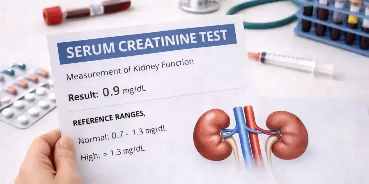 Wynik badania kreatynina w surowicy 0.9 mg/dL, wskazujący na prawidłową funkcję nerek. Obok wyniki badań, strzykawka, leki i stetoskop.