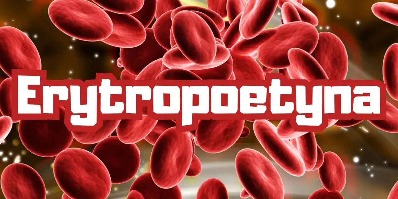 Czerwone krwinki i napis "Erytropoetyna" na ciemnym tle.