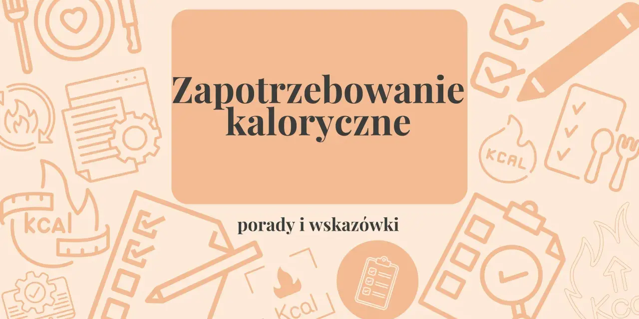 Grafika z ikonami związanymi z kaloriami, dietą i obliczeniami.