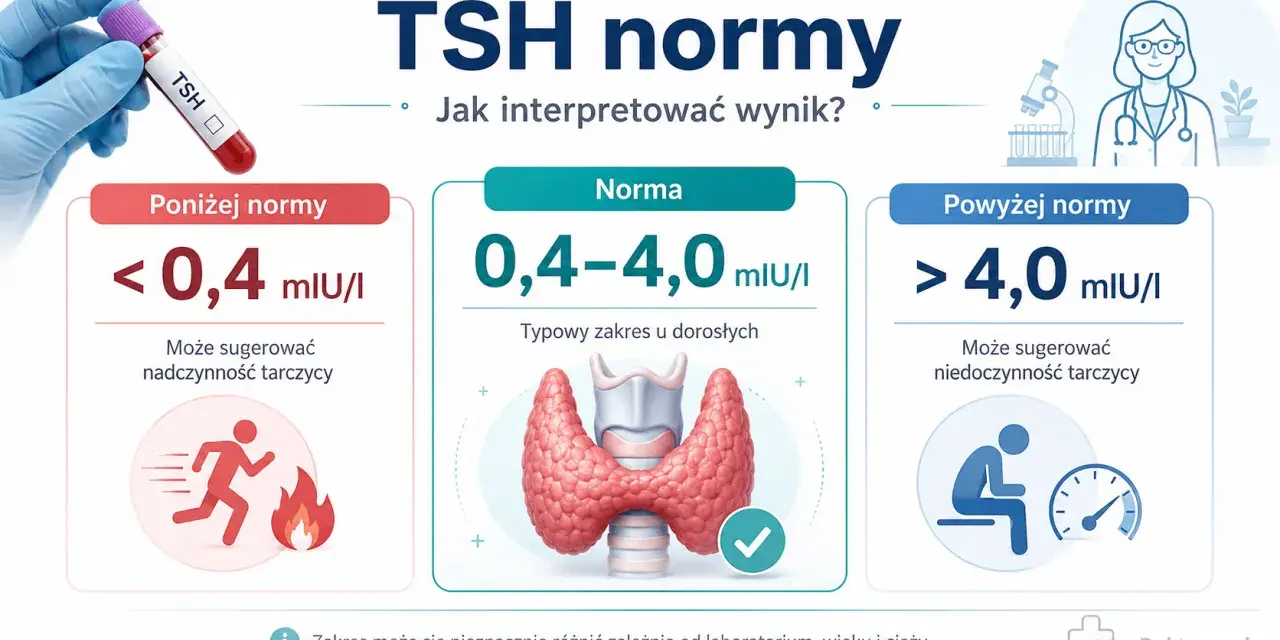 Grafika przedstawia trzy kolumny: "Poniżej normy", "Norma" i "Powyżej normy" z wartościami TSH i ikonami.