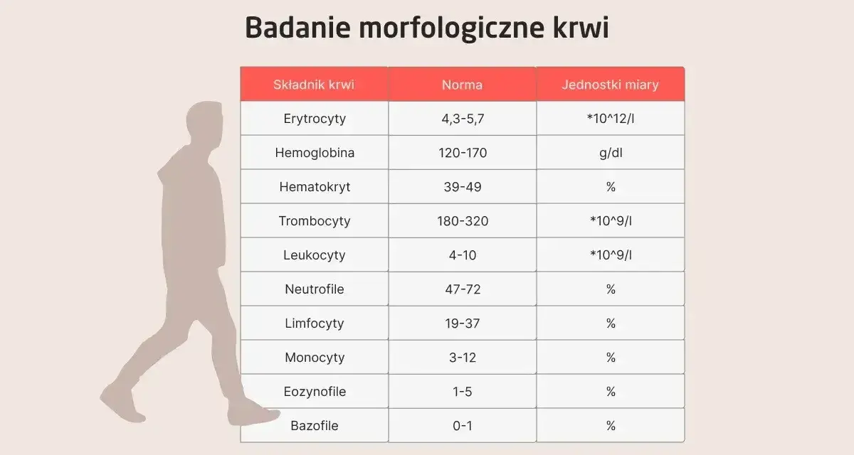 Tabela z badaniem morfologicznym krwi, pokazująca normy dla erytrocytów, hemoglobiny, hematokrytu, trombocytów, leukocytów i innych składników. P-lcr.