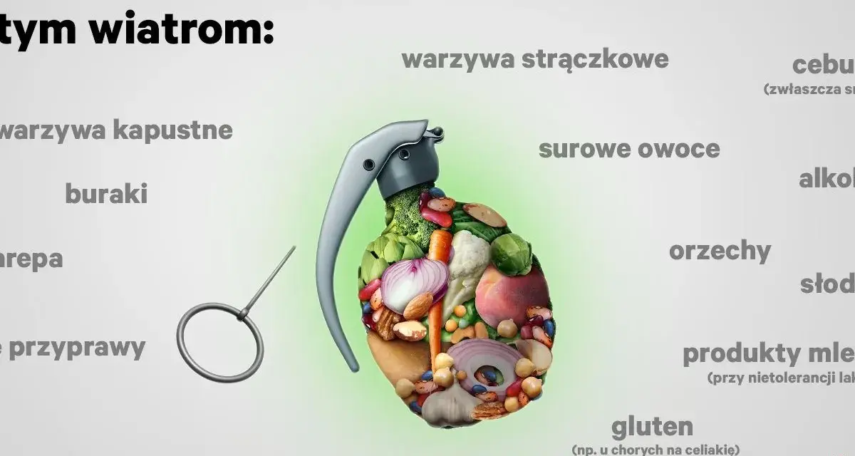 Granat wypełniony warzywami i owocami, symbolizujący produkty sprzyjające wiatrom. Dowiedz się, jak wypuścić gazy z jelit, unikając tych pokarmów.