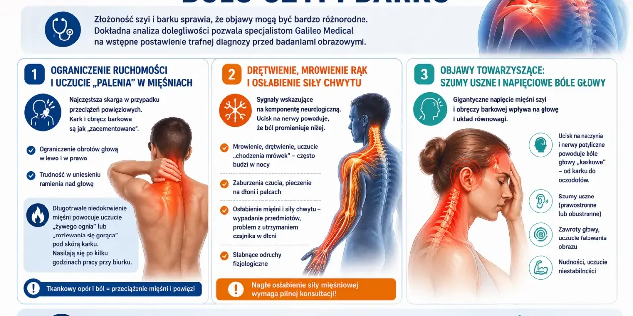 Ilustracja przedstawia schematyczne modele ludzkiego kręgosłupa i głowy z zaznaczonymi obszarami bólu i napięcia.