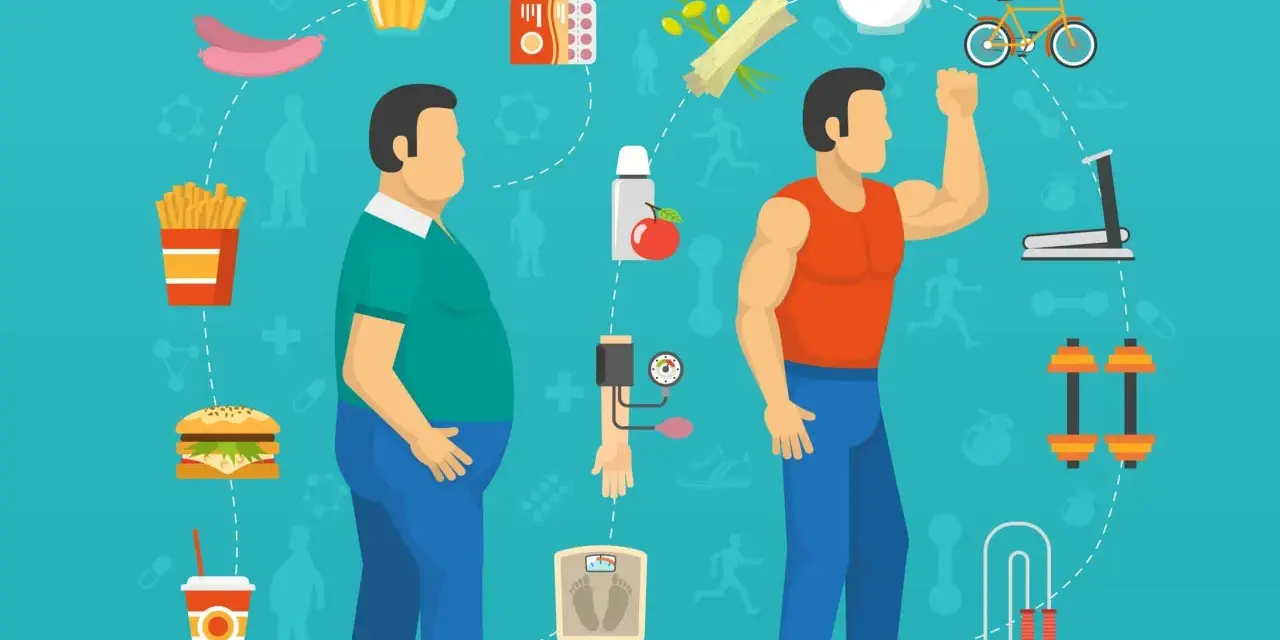 Dwa mężczyźni, jeden z nadwagą, drugi wysportowany, otoczeni symbolami zdrowego stylu życia i niezdrowej diety. Klucz do dobrego metabolizmu.