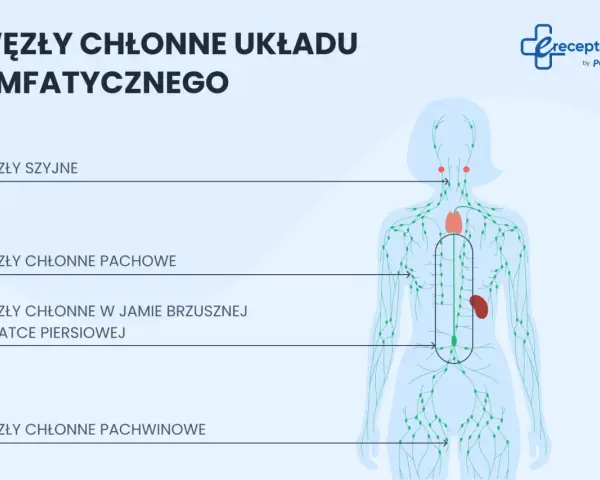 Ilustracja schematyczna układu limfatycznego człowieka z zaznaczonymi węzłami chłonnymi.