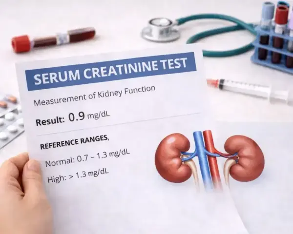 Wynik badania kreatynina w surowicy 0.9 mg/dL, wskazujący na prawidłową funkcję nerek. Obok wyniki badań, strzykawka, leki i stetoskop.