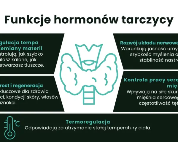 Grafika przedstawia tarczycę i ikony symbolizujące jej funkcje: metabolizm, układ nerwowy, wzrost, serce i termoregulację.