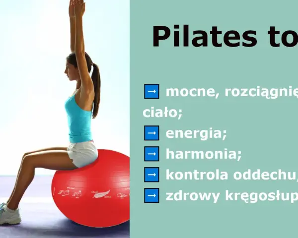 Kobieta ćwiczy pilates na czerwonej piłce, osiągając mocne, rozciągnięte ciało, energię, harmonię, kontrolę oddechu i zdrowy kręgosłup.
