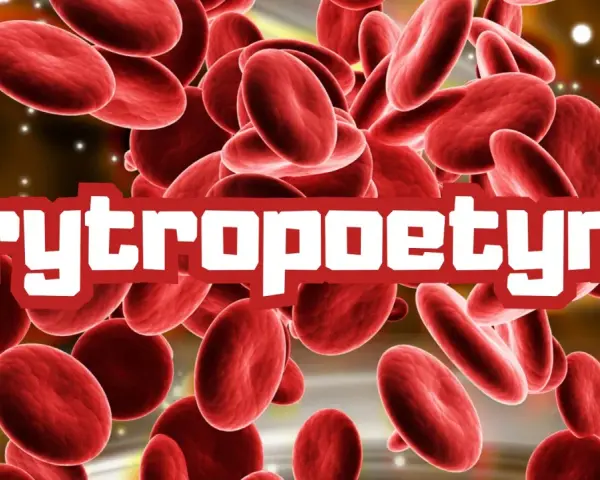 Czerwone krwinki i napis "Erytropoetyna" na ciemnym tle.