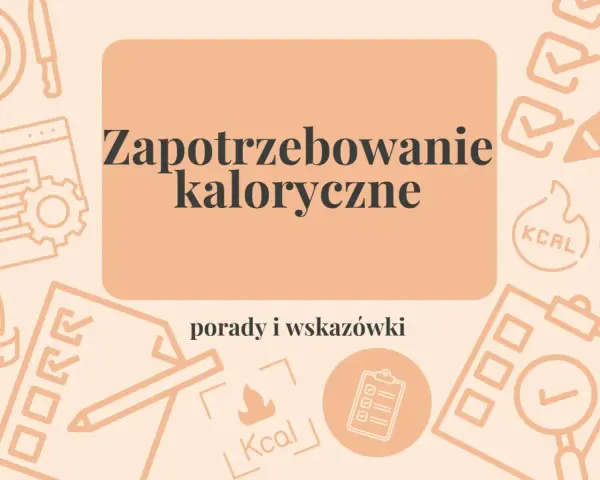 Grafika z ikonami związanymi z kaloriami, dietą i obliczeniami.