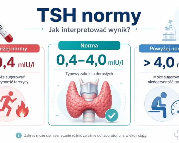 Grafika przedstawia trzy kolumny: "Poniżej normy", "Norma" i "Powyżej normy" z wartościami TSH i ikonami.