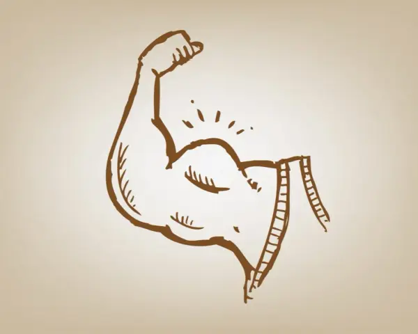 Rysunek zgiętego ramienia z widocznym bicepsem i taśmą mierniczą.