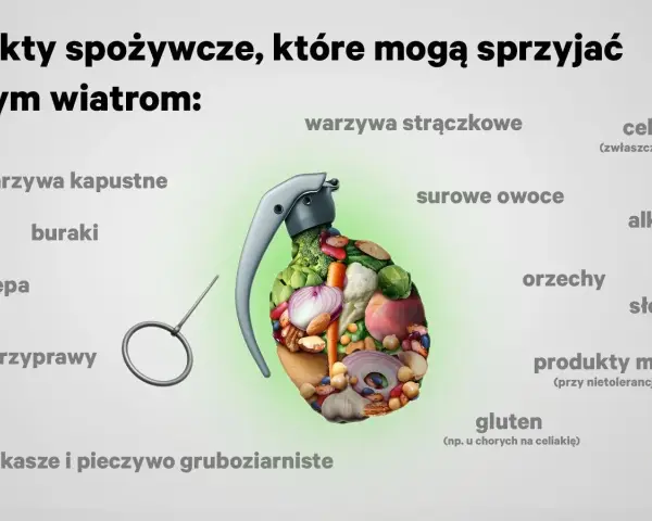 Granat wypełniony warzywami i owocami, symbolizujący produkty sprzyjające wiatrom. Dowiedz się, jak wypuścić gazy z jelit, unikając tych pokarmów.