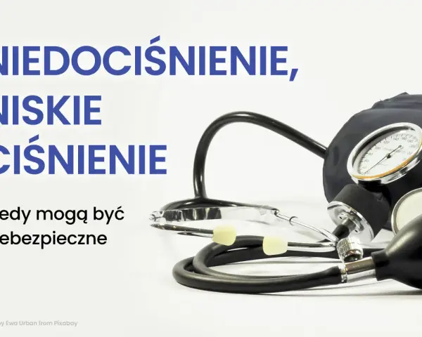 Ciśnieniomierz i stetoskop na białym tle, z tekstem "Niedociśnienie, niskie ciśnienie".