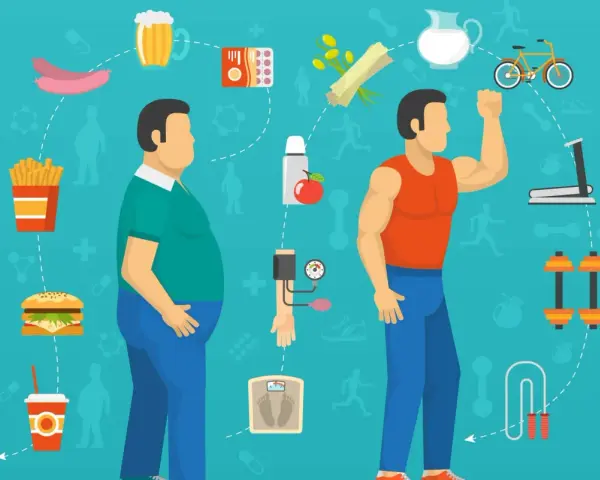 Dwa mężczyźni, jeden z nadwagą, drugi wysportowany, otoczeni symbolami zdrowego stylu życia i niezdrowej diety. Klucz do dobrego metabolizmu.