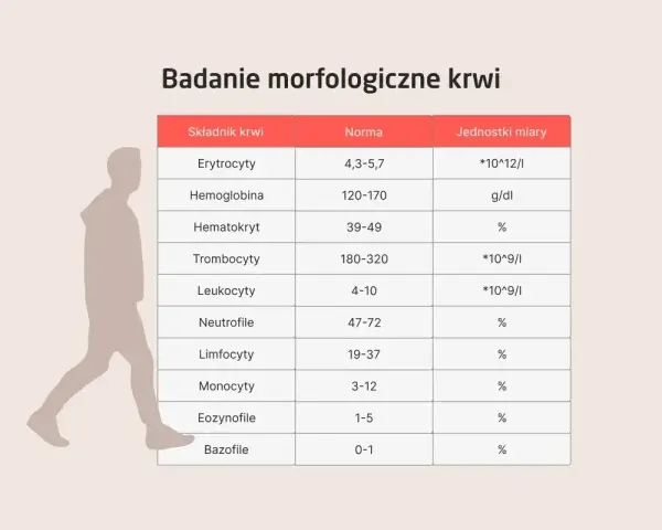Tabela z badaniem morfologicznym krwi, prezentująca normy dla erytrocytów, hemoglobiny i innych składników.