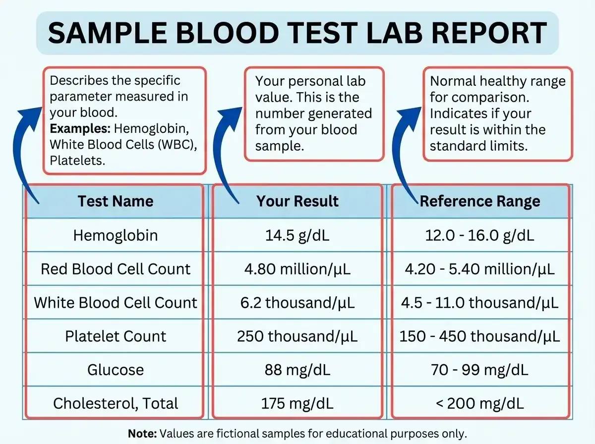 Przykładowy raport z badań krwi, pokazujący wyniki hemoglobiny, liczby czerwonych krwinek, białych krwinek, płytek, glukozy i cholesterolu. To jakby jonogram zdrowia.