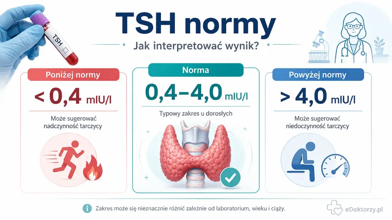 Wynik ft4: poniżej normy (<0,4 mIU/I) może sugerować nadczynność tarczycy, norma to 0,4-4,0 mIU/I, powyżej normy (>4,0 mIU/I) może sugerować niedoczynność.