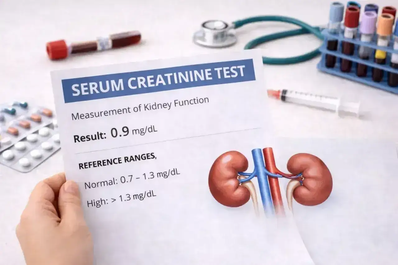 Wynik badania kreatyniny: 0.9 mg/dL. Niska kreatynina, co może wskazywać na dobrą pracę nerek. Obok leki i próbki krwi.